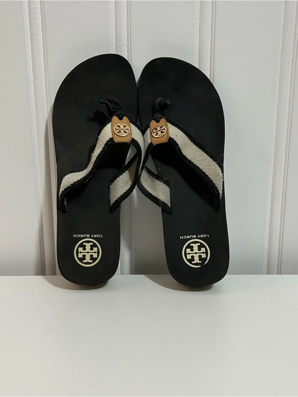 Tory Burch Black Footbed Flip Flops with Cream Straps platform